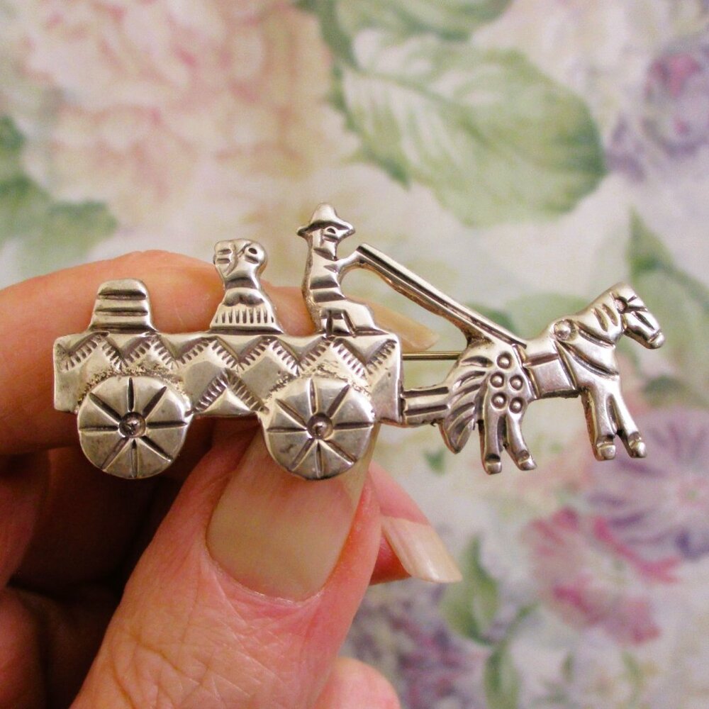 ALFRED MARTINEZ Navajo Sterling Farm Wagon Driver Horse Brooch ~ VINTAGE 925 Pin